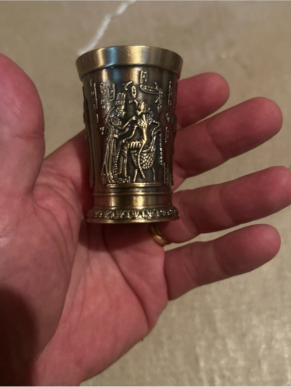 Ornate Egyptian Embossed Brass Shot cup/glass - Gold Tone